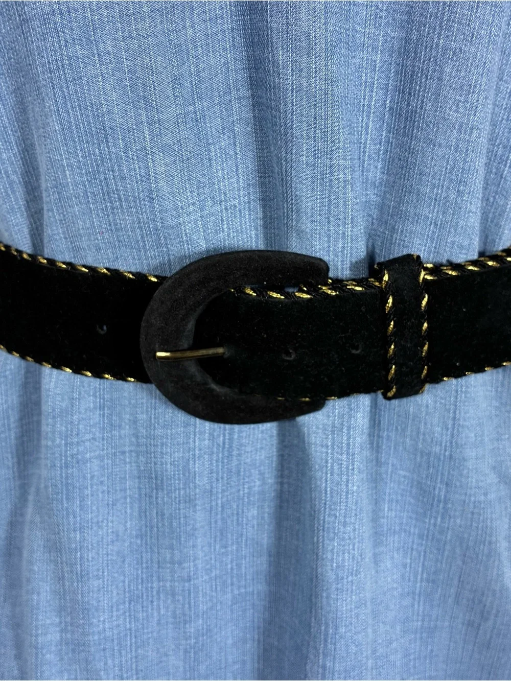 Womens belt black and gold 32” long velvet with Gold Stitching elegant